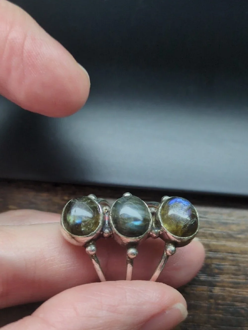 Triple Stone Labradorite Silver Ring - Green/Gray Accent